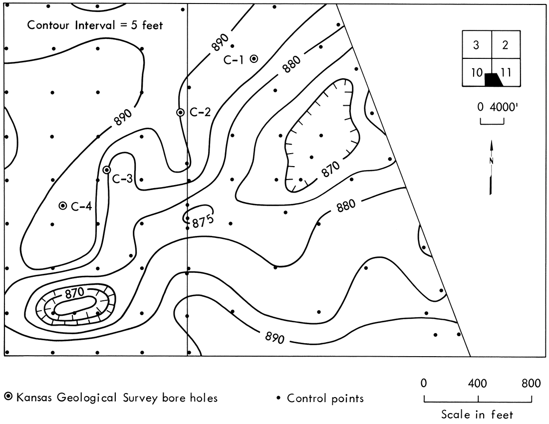 Structure map of the top of the Rowe coal, E2, SE, Sec. 10 and W2, SW, Sec. 11, T. 31 S., R. 25 E. Data from Clemens Coal Company drilling records.