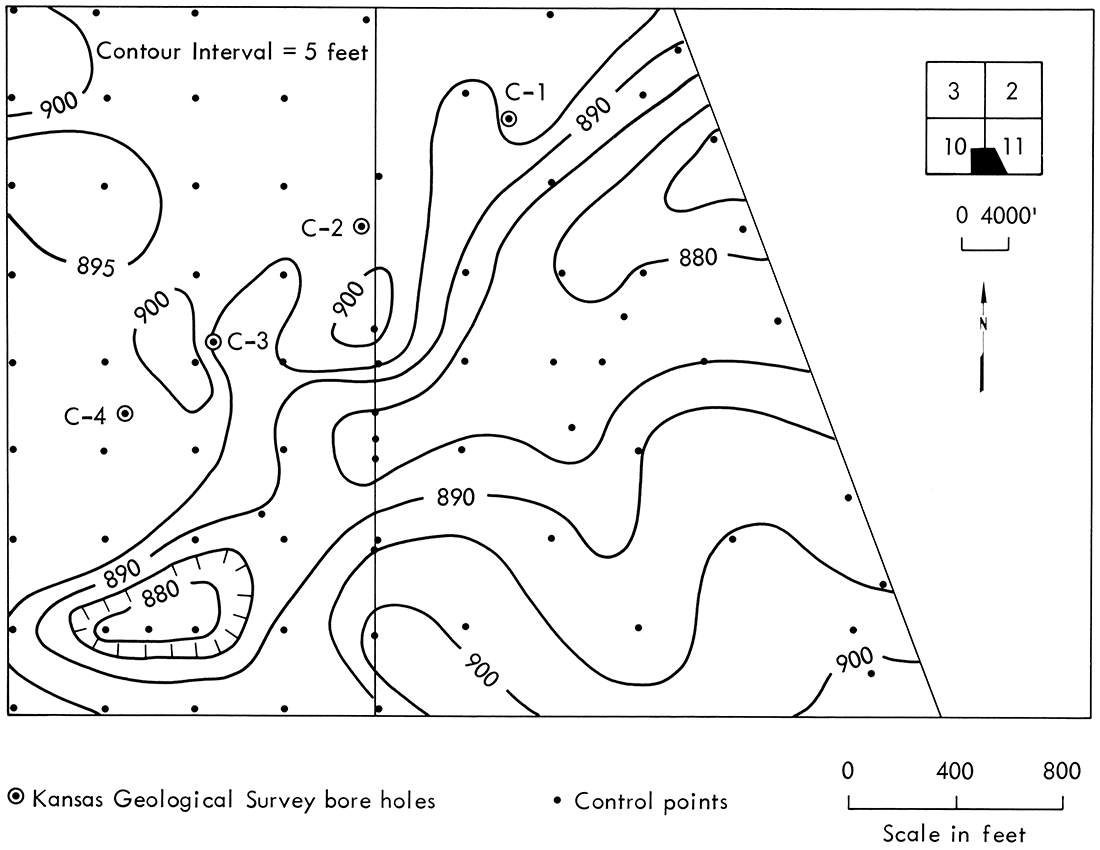 Structure map of the top of the Dry Wood coal, E2, SE, Sec. 10 and W2, SW, Sec. 11, T. 31 S., R. 25 E. Data from Clemens Coal Company drilling records.