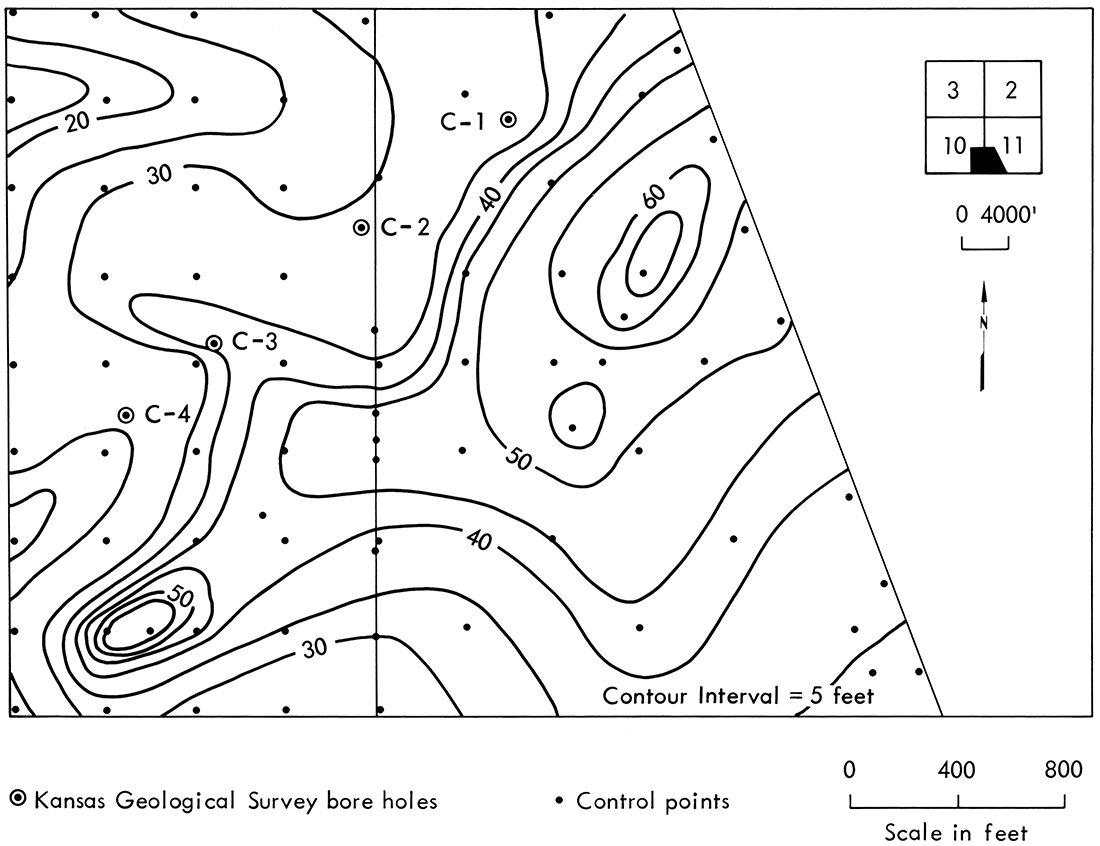 Map of the thickness of overburden above the Rowe coal, E2, SE, Sec. 10 and W2, SW, Sec. 11, T. 31 S., R. 25 E. Data from Clemens Coal Company drilling records.