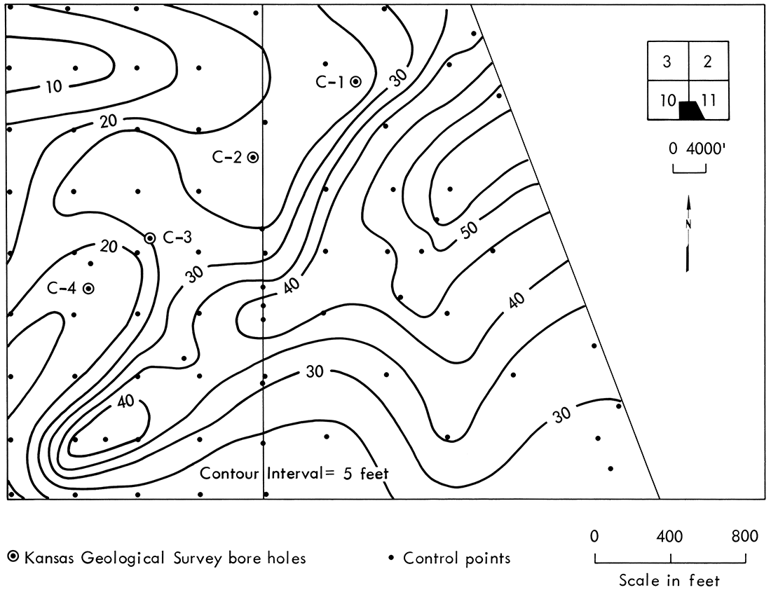 Map of the thickness of overburden above the Dry Wood coal, E2, SE, Sec. 10 and W2, SW, Sec. 11, T. 31 S., R. 25 E. Data from Clemens Coal Company drilling records.