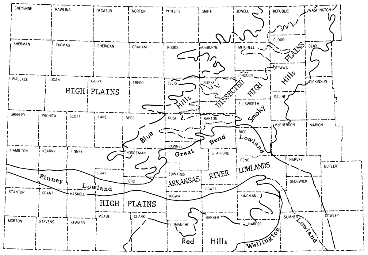 Major physiographic provinces in western Kansas; High Plains to west, Ark River Lowlands going east-west through middle, Red Hills to south, Blue Hills and Smoky Hills to north east.