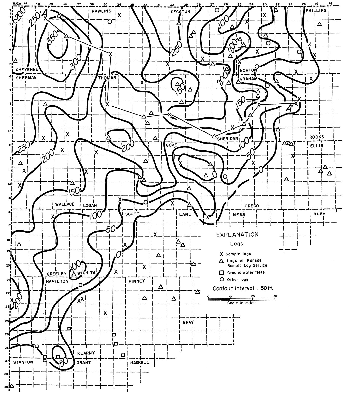 Isopachous map showing by 50-foot thickness lines the generalized thickness of the Morrison formation in northwestern Kansas.