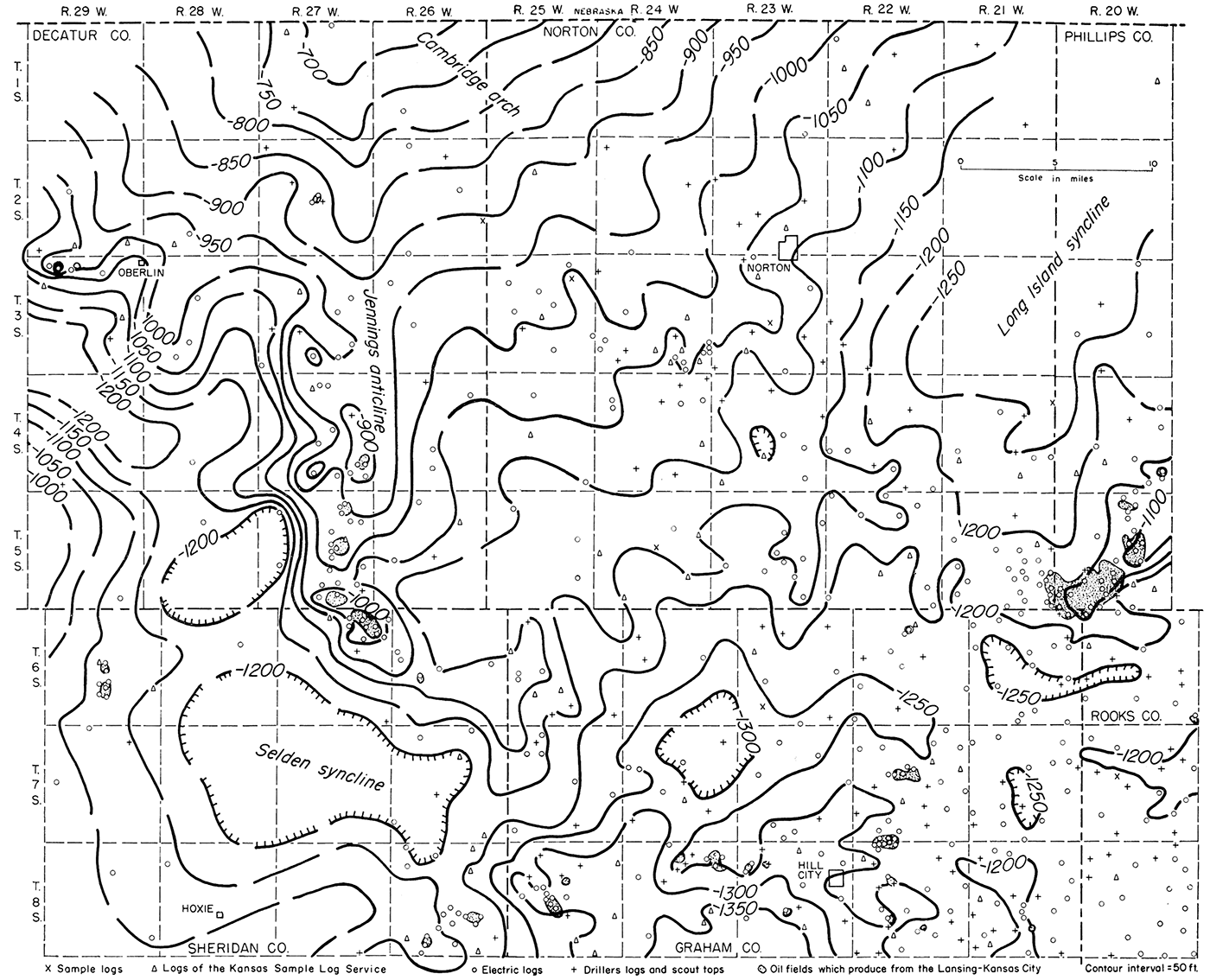 Map showing by 50-foot contours the structure on the top of the Lansing group.