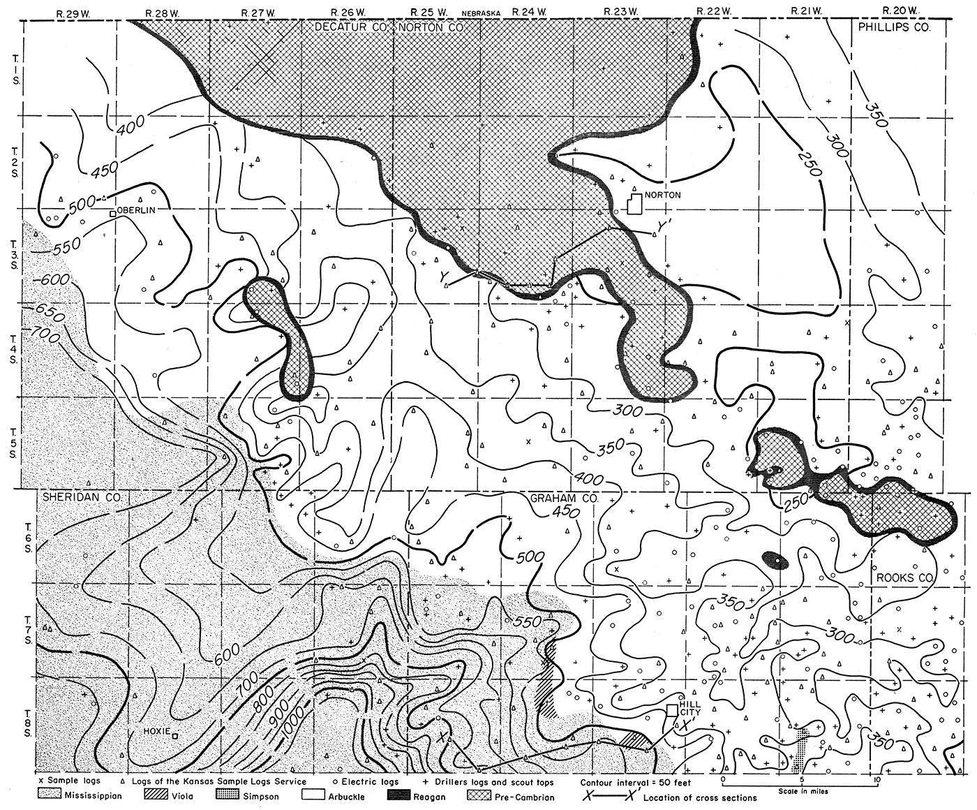 Isopachous map showing by 50-foot isopachs the thickness of the interval from the top of the Arbuckle group to the top of the Lansing group.