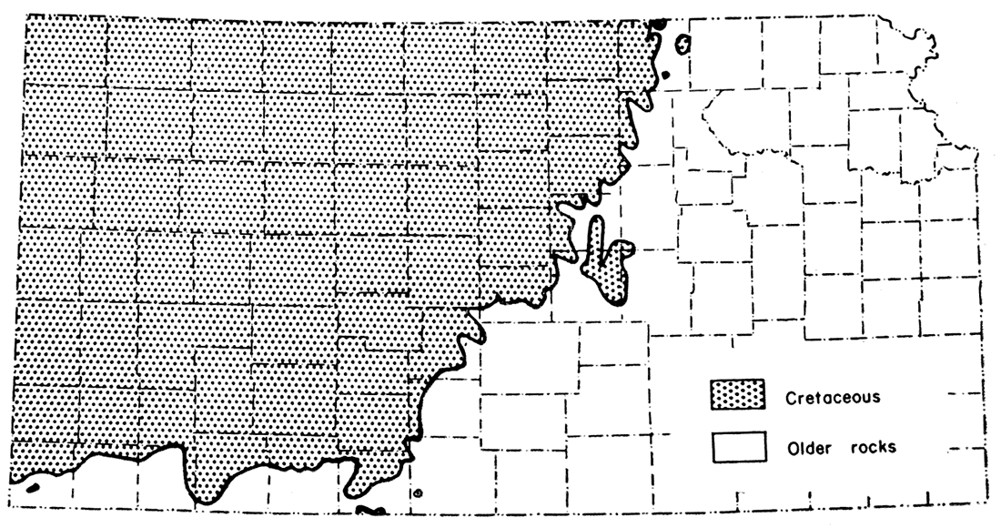 Map showing geographic distribution of rocks of Cretaceous age in Kansas.