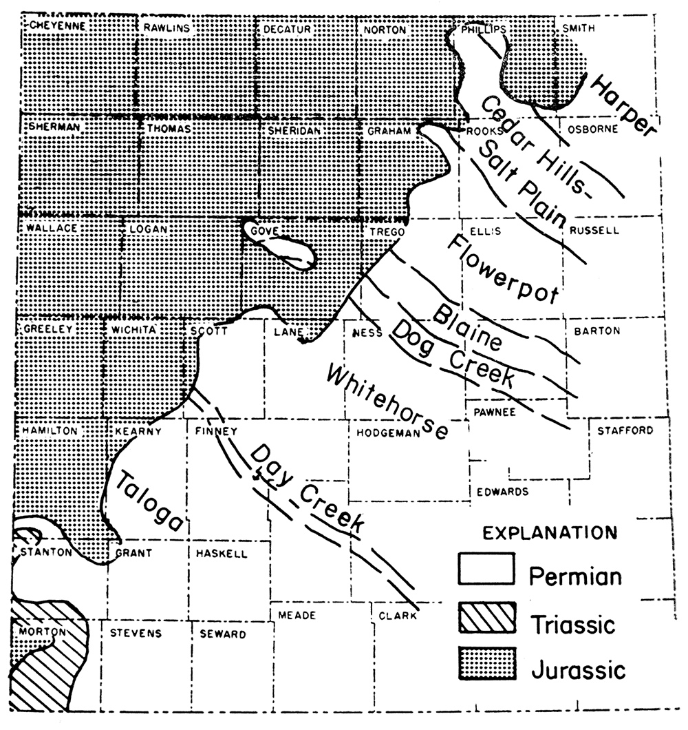 Map of western Kansas showing the inferred pre-Cretaceous areal geology.