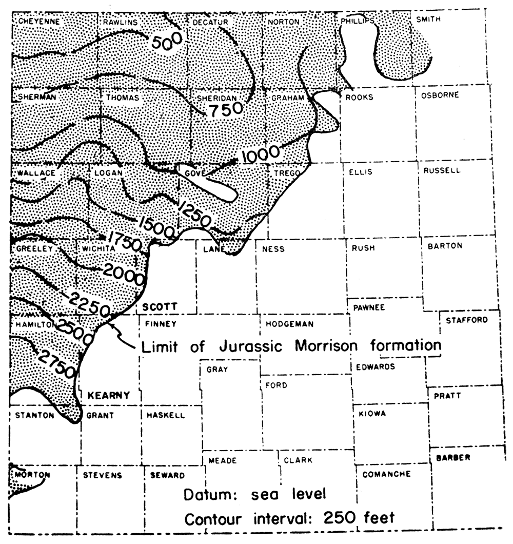 Map of western Kansas depicting the regional structure on top of the chert beds in the Morrison formation.