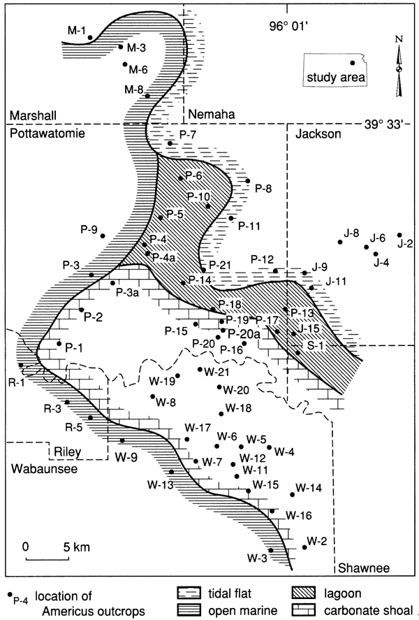 Counties in north-central Kansas showing Americus outcrops and four paleoenvironmental facies.