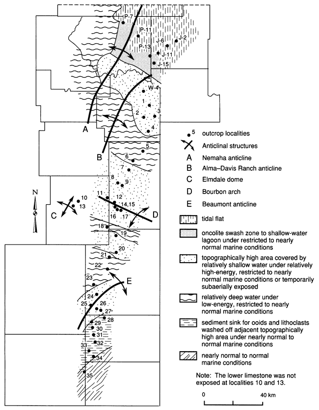 Map of eastern Kansas from Cowley and Chautauqua in south to Jackson and Pottawatomie in north showing depositional environments.