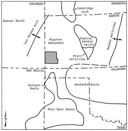 Study area southeast of Las Animas arch; north of Dalhart and Palo Duro basin; west of Central Kansas uplift, Pratt anticline, and Anadarko basin; and within Hugoton embayment.
