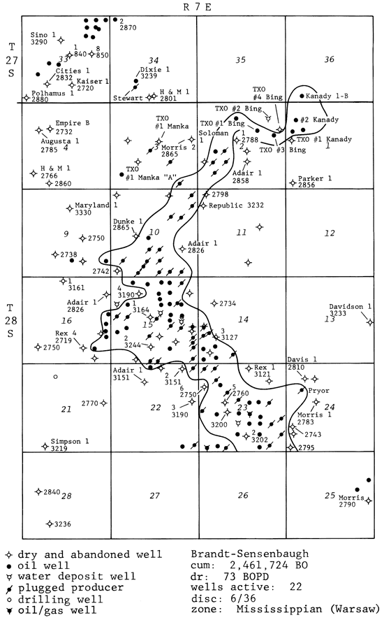 Brandt-Sensenbaugh field in long, mostly north-south trending area in T. 27-28 S., R. 7 E.