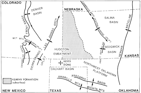 Tectonic features of parts of Kansas, Colorado, New Mexico, Texas, and Oklahoma.