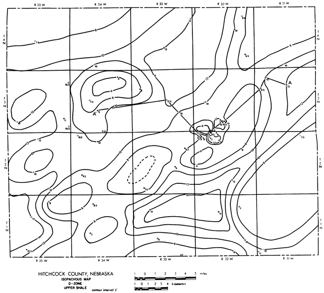 D-Zone shale isopach map in Hitchcock Co, NE; thins to 6 feet in NW and near producing area in central part of county.