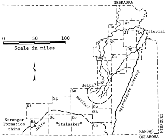 Fluvial and delta in counties north of Greenwood; marine in Kiowa, Sedgwick, Butler, and Elk; Stalnaker in Harper, Sumner, Cowley, and Chautauqua.