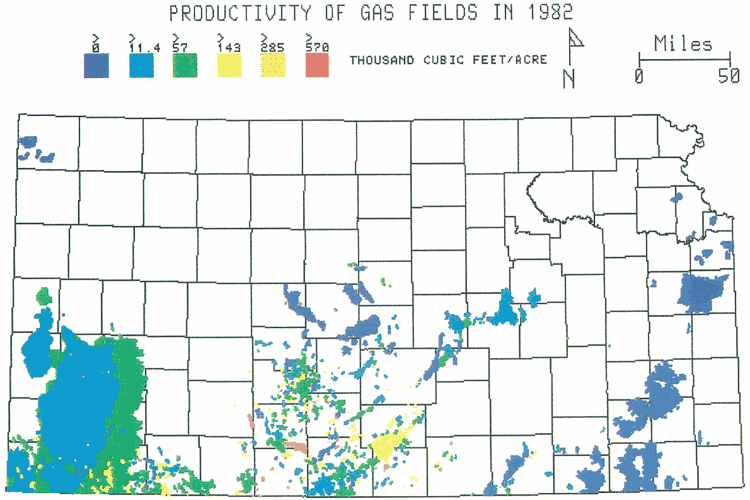 Kansas map; large fields do not have high productivities; high values only in south-central counties.