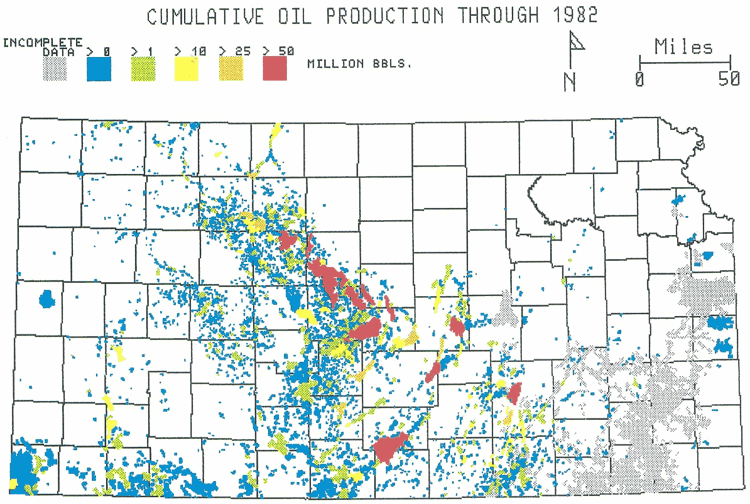 Kansas map; greatest production is mostly along central Kansas uplift, also in Butler County (El Dorado field).