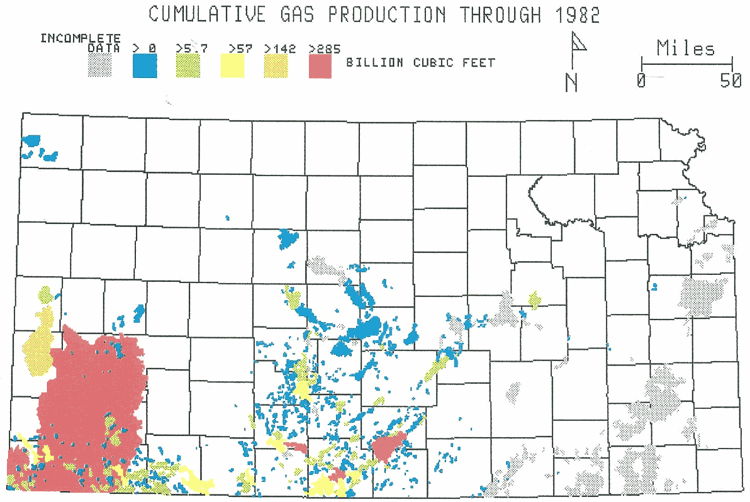 Kansas map; greatest production is in Hugoton area (SW Kansas), some in Sedgwick basin.