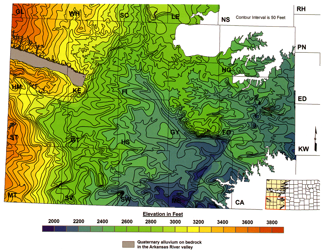 Southern half of the 1995 USGS bedrock-surface-elevation map.