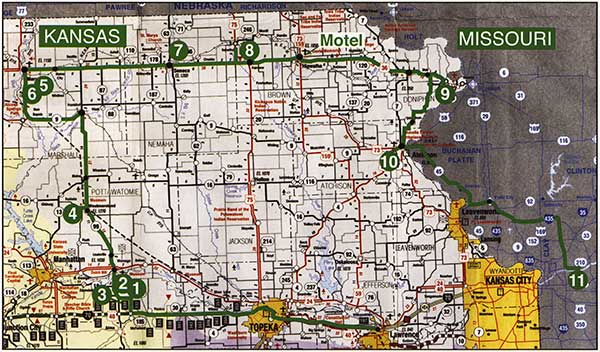 Route map for the Kansas part of Field Trip 3..
