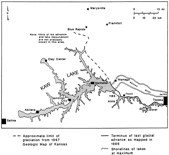 Proglacial lakes west of Topeka at the time of maximum ice advance.