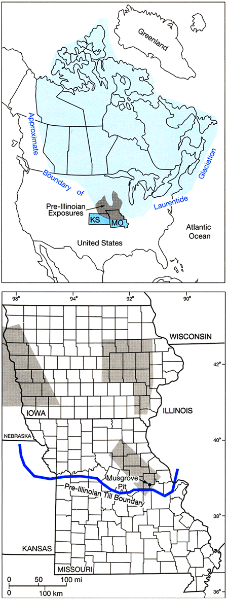 Location of Musgrove and Johnson clay pits in east-central Missouri, just north of Pre-Illinoian Till Boundary.