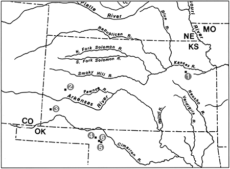 Map showing the stops for Trip 4 in Kansas and near Oklahoma Panhandle.