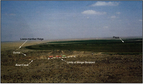 Color aerial photograph showing the location of the Winger bonebed.