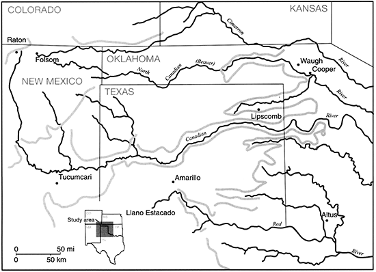 Map of the Texas panhandle, eastern New Mexico, SE Colorado, SW Kansas, and the Oklahoma Panhandle showing Folsom sites.