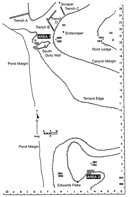 Map view of Waugh site showing pond, terrace edge, gully wall, canyon, and areas 1 and 3.