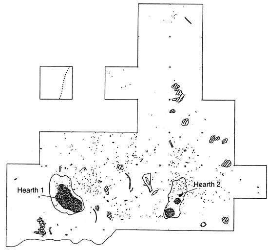 Sketch map of Area 3 showing hearths 1 and 2.