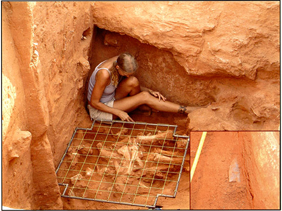 Color photo of researcher examining floor of excavation.