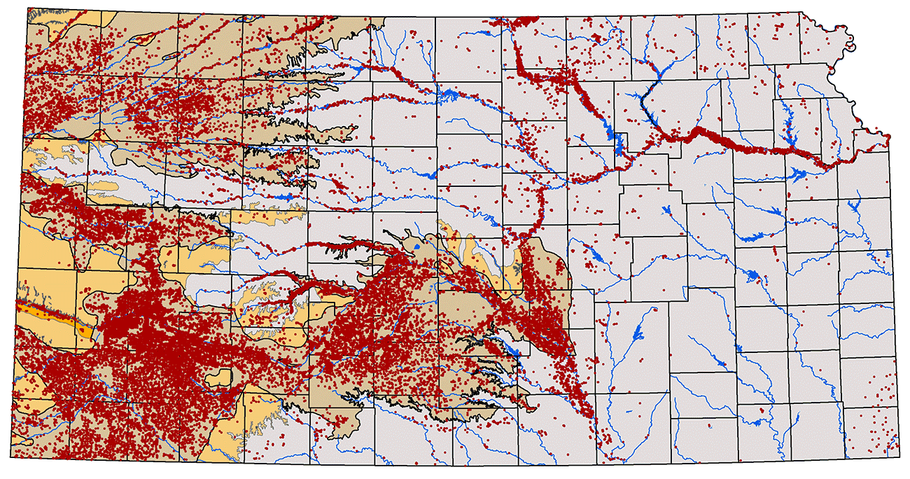 Map of Kansas showing location of wells with active appropriated or vested water rights.