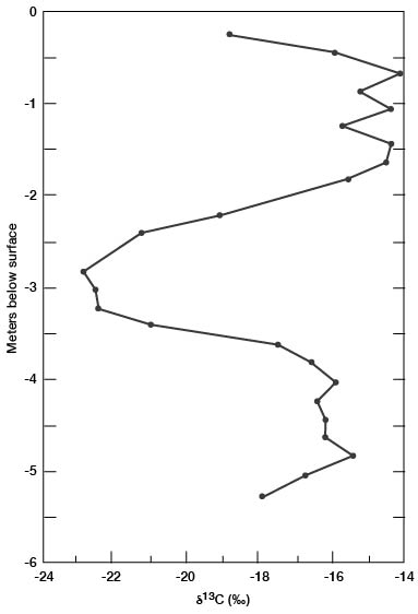 Chart plotting depth below surface against carbon-isotope values.