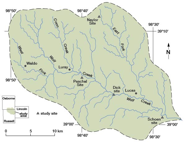 Map showing Wolf Creek and tributaries in Osborne and Russell counties.