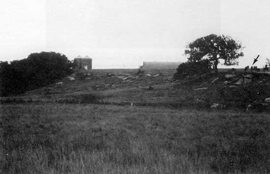 Black and white photo of T-3 terrace; low rise above meadow with trees and large boulders exposed.