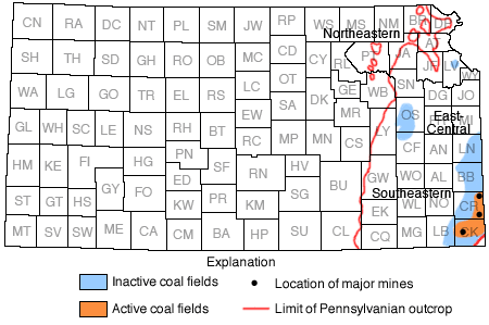 Fields in far NE, east-central, and SE Kansas; active fields only in far SE.