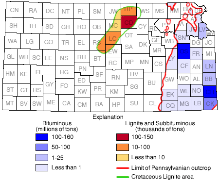 Map of Kansas with areas colored based on total production; highest Lignite and subbituminous in Cloud Co.; highest bituminous in Crawford and Osage cos.