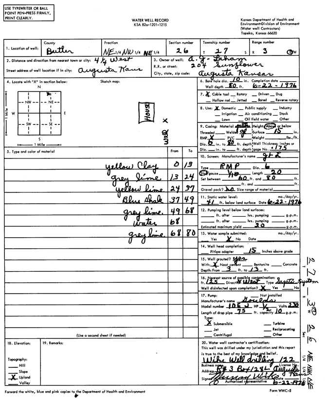 Scanned water well completion form.
