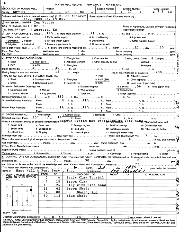 Scanned water well completion form.