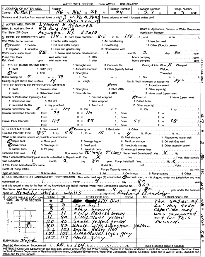 Scanned water well completion form with poor quality zone listed.