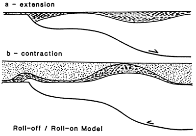 Figure shows extension creating deposition zones followed by deformation of sediments because of contraction.