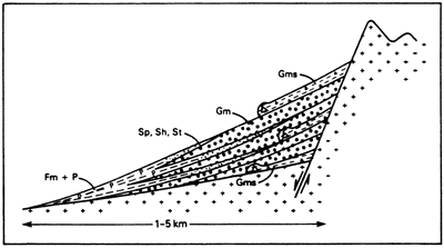 Cross section shows how different facies appear close to the fault or are found far from the graben wall.