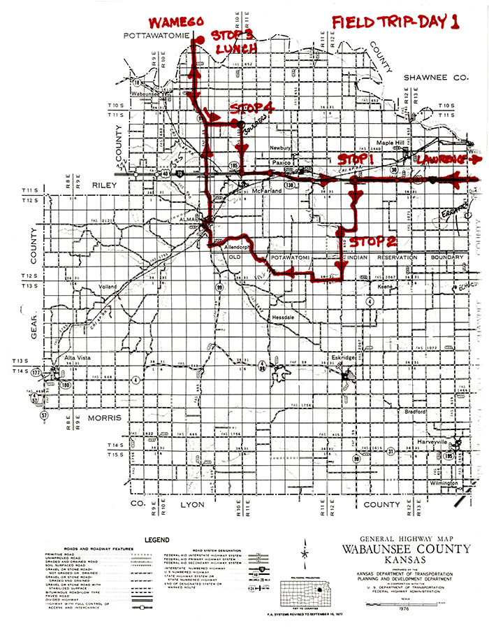 Road map of Wabaunsee County showing field trip route.