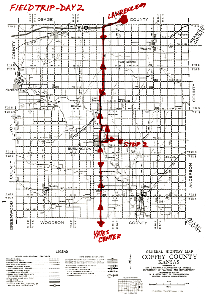 Road map of Coffey County showing field trip route.