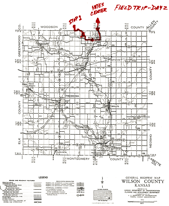 Road map of Wilson County showing field trip route.