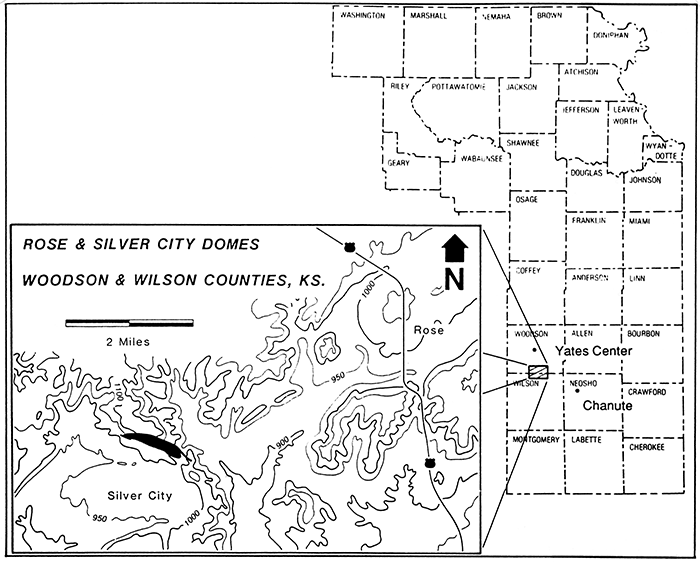 Map showing location of Silver City and Rose domes in Wilson, Wood counties, southeast Kansas.