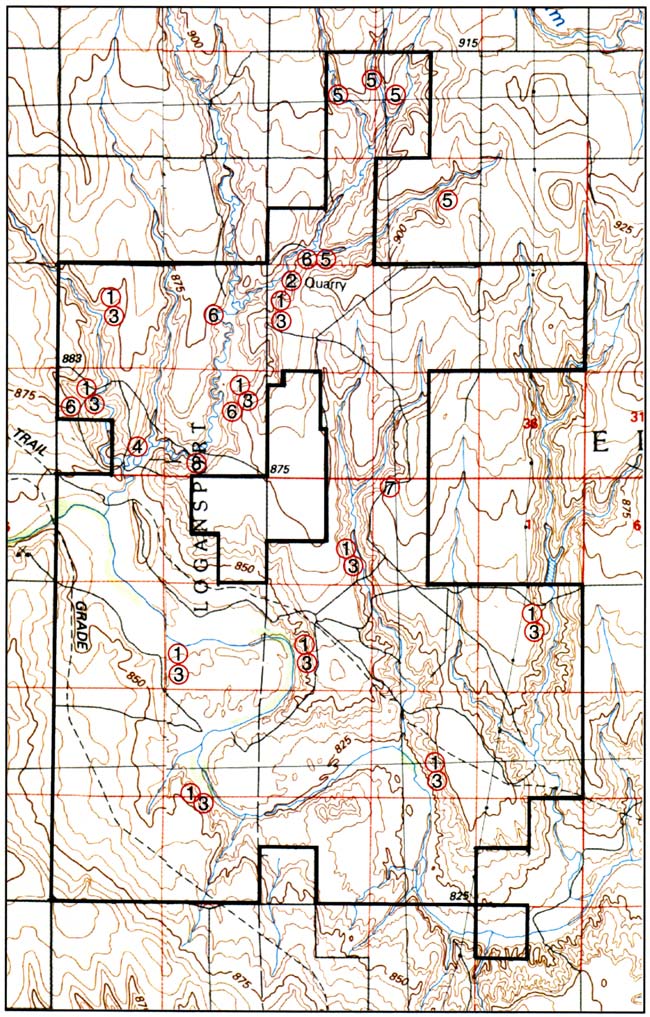 Topographic map of the preserve area, locations described in text marked on map.