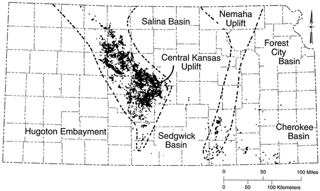 Most Arbuckle production in Central Kansas Uplift (Pratt-Stafford north through Barton, Ellis, Russell toward Norton and Decatur; also in southern Nemaha Uplift (Butler , Cowley).