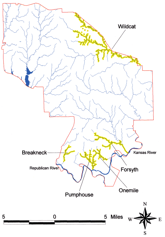 Wildcat Creek on north end of study area; Breakneck, Pumphouse, Onemile, Forsyth at southern end.