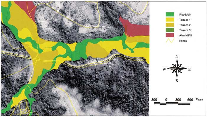 Aerial photo of Williston Point, Forsyth Creek area with floodplain, terraces, other features shown.